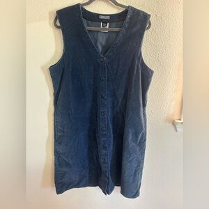 Vintage Lands End Corduroy Navy Blue Button Up Pinafore Dress Womens Size 14